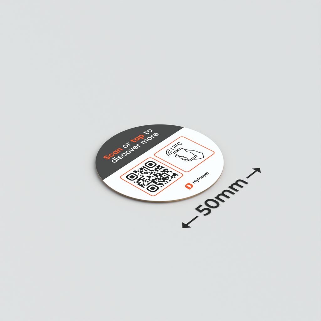 50mm Circle Smart-Tag sticker with QR code, NFC and 3M adhesive