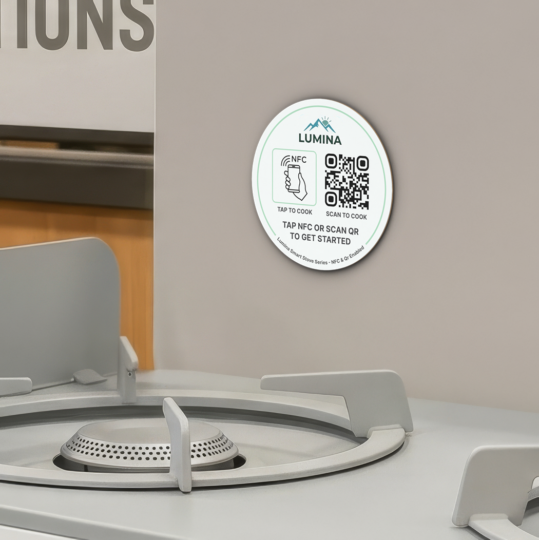 Lumina device on a stove with Smart-Tag QR code and NFC tag