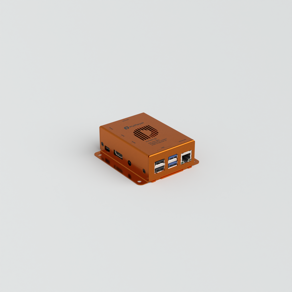 MyMedia 2 commercial 4K retail media player in orange enclosure